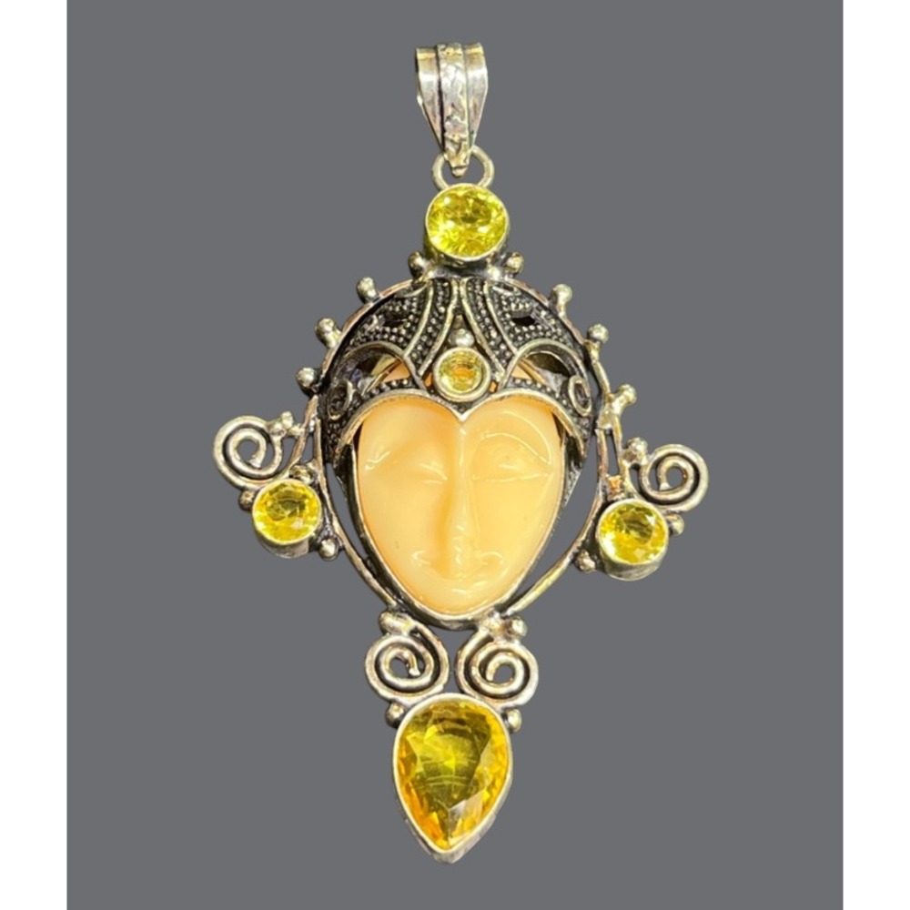 STERLING SILVER PENDANT Carved Goddess Face CITRINE Bali Style Scroll Granulated
